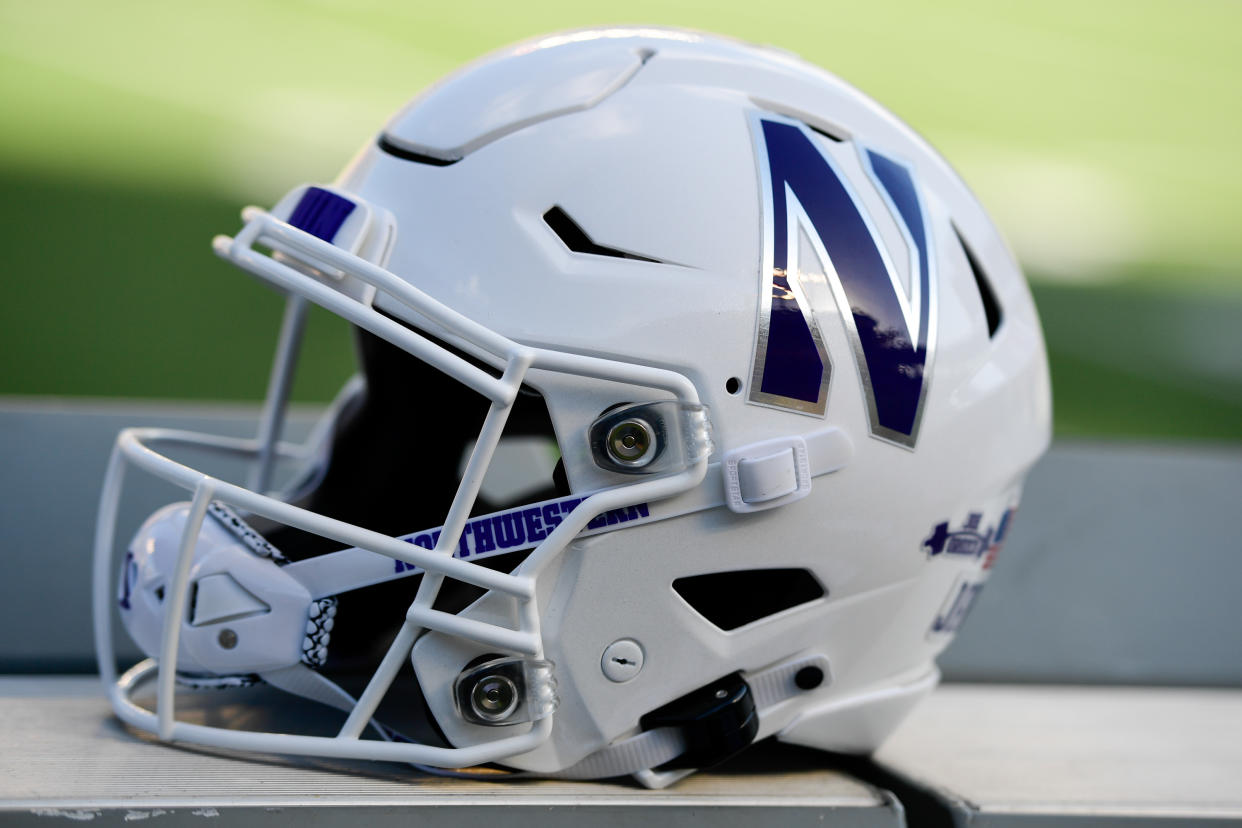 ORLANDO, FL - JANUARY 01: General view of a Northwestern Wildcats helmet during the third quarter against the Auburn Tigers during the Vrbo Citrus Bowl at Camping World Stadium on January 1, 2021 in Orlando, Florida. (Photo by Douglas P. DeFelice/Getty Images)