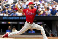 Philadelphia Phillies starting pitcher Zack Wheeler throws during the first inning of a baseball game against the New York Mets, Sunday, Aug. 14, 2022, in New York. (AP Photo/Julia Nikhinson)