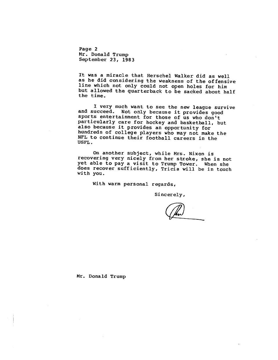 This image provided by the Richard Nixon Foundation shows a copy of correspondence between Donald Trump and Richard Nixon. The letters between once and future presidents, revealed for the first time in an exhibit that opens Thursday, Sept. 24, 2020, at the Richard Nixon Presidential Library & Museum, show the two men engaged in something of an exercise in mutual affirmation. The museum shared the letters exclusively with The Associated Press ahead of the exhibit’s opening. (Richard Nixon Foundation via AP)