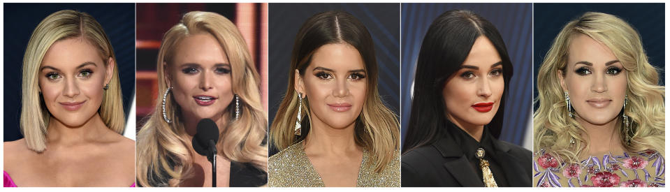 This combination photo shows, from left, Kelsea Ballerini, Miranda Lambert, Maren Morris, Kacey Musgraves and Carrie Underwood, who are nominated for Female Vocalist of the Year at the Country Music Association Awards on Wednesday. (AP Photo)