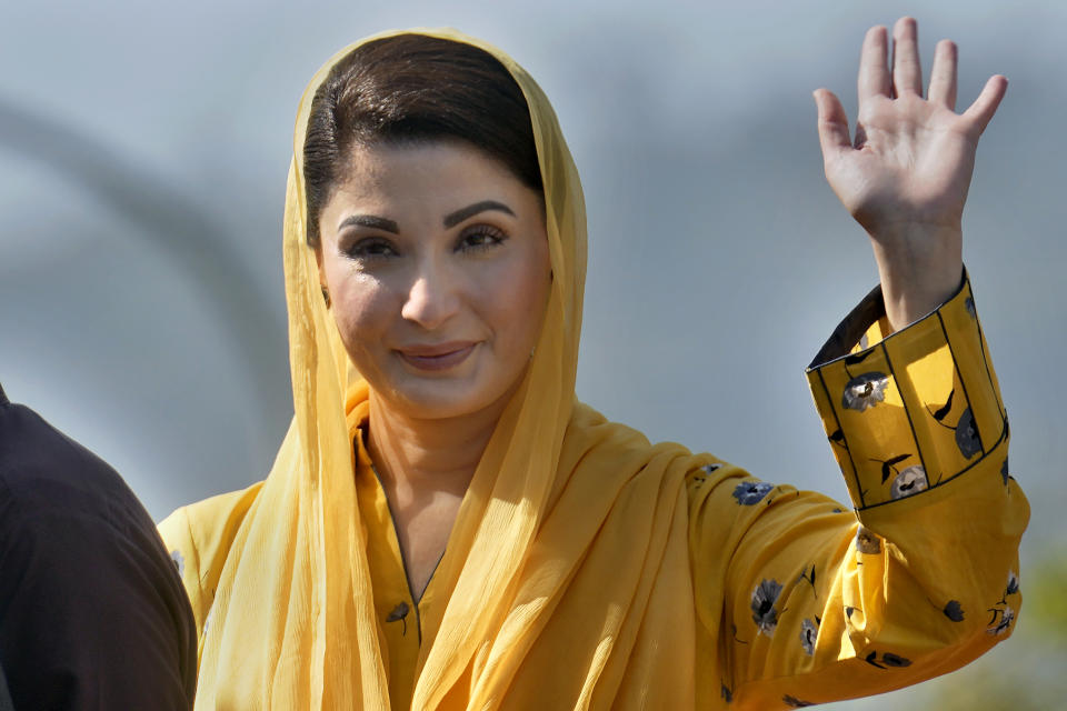 Maryam Nawaz, daughter of Pakistan's former Prime Minister Nawaz Sharif and leader of Pakistan Democratic Movement, an alliance of the ruling political parties, wave to supporters during a rally outside the Supreme Court, in Islamabad, Pakistan, Monday, May 15, 2023. Thousands of Pakistani government supporters converged on the country's Supreme Court, in a rare challenge to the nation's judiciary. Protesters demanded the resignation of the chief justice over ordering the release of former Prime Minister Imran Khan. (AP Photo/Anjum Naveed)