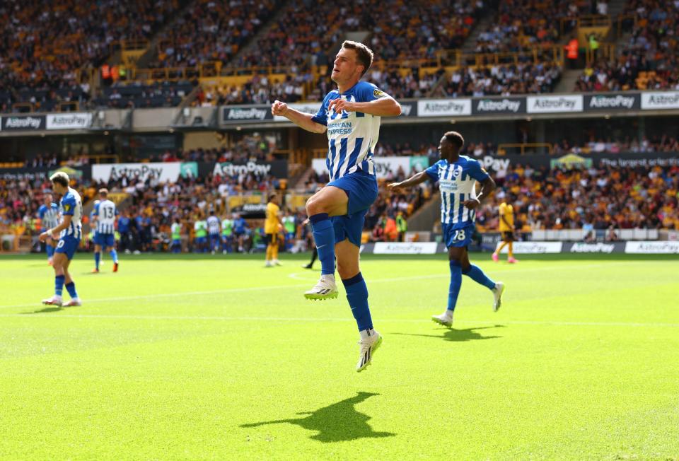 Solly March celebrates scoring Brighton’s third goal (Action Images via Reuters)