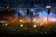 LONDON, ENGLAND - JULY 27: A general view is seen while performers depict a view from the change of the English countryside to the Industrial Revolution during the Opening Ceremony of the London 2012 Olympic Games at the Olympic Stadium on July 27, 2012 in London, England. (Photo by Paul Gilham/Getty Images)