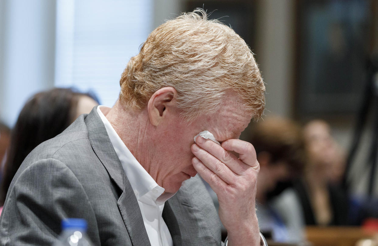 Alex Murdaugh listens to testimony during his murder trial at the Colleton County Courthouse in Walterboro, S.C., on Wednesday, Feb. 22, 2023. The 54-year-old attorney is standing trial on two counts of murder in the shootings of his wife and son at their Colleton County, S.C., home and hunting lodge on June 7, 2021. (Grace Beahm Alford/The Post And Courier via AP, Pool)