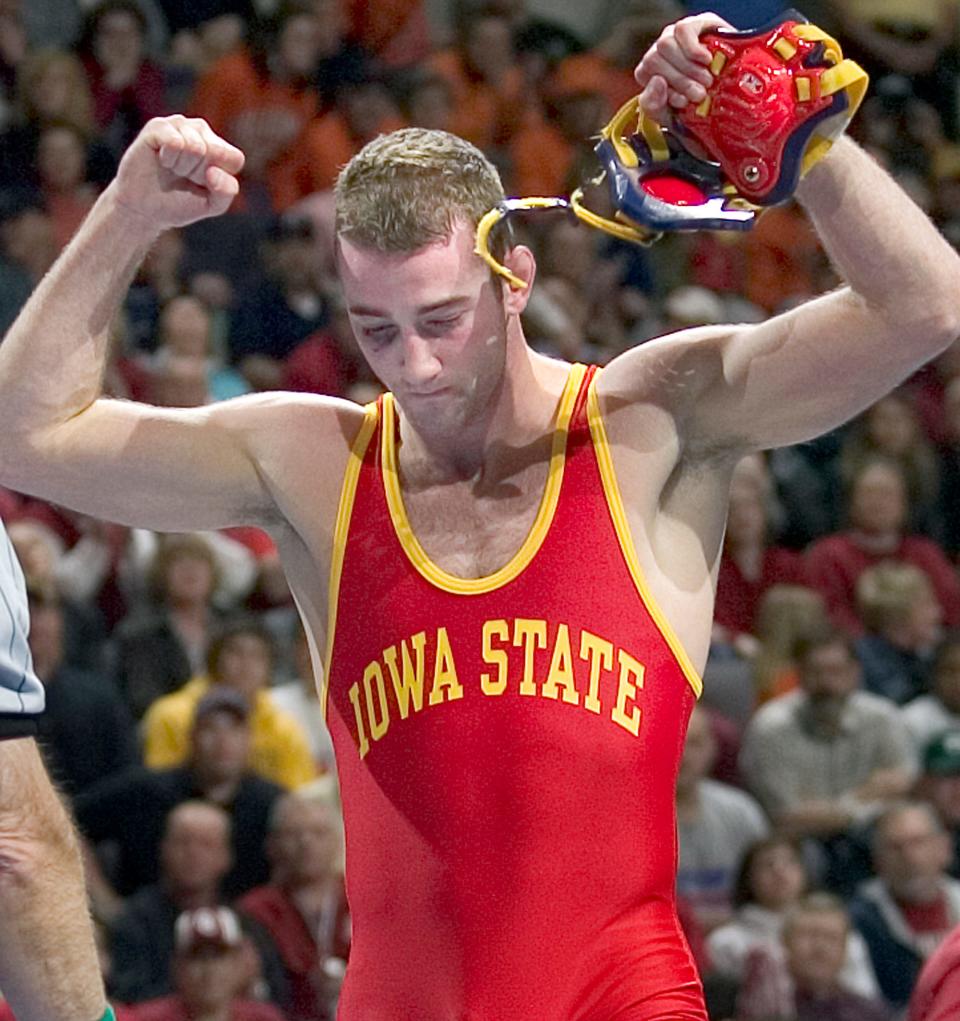 Iowa State's Nate Gallick reacts after defeating Teyon Ware in the 141-pound finals of the 2006 NCAA Championships at the Ford Center in Oklahoma City, Okla.