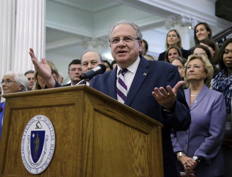 In this Monday, Aug. 1, 2016, photo, Massachusetts House Speaker Robert DeLeo speaks at a bill signing ceremony at the Statehouse, in Boston. Lawmakers in Massachusetts and other Democratic-leaning states are considering ways to flex their muscles in response to the policies of President Donald Trump. House Democrats have scheduled an unusual caucus for Wednesday, Feb. 8, 2017, at the Statehouse to discuss a response to "recent actions" by the Trump administration. DeLeo acknowledges that lawmakers have limited power to override presidential directives. (AP Photo/Elise Amendola)