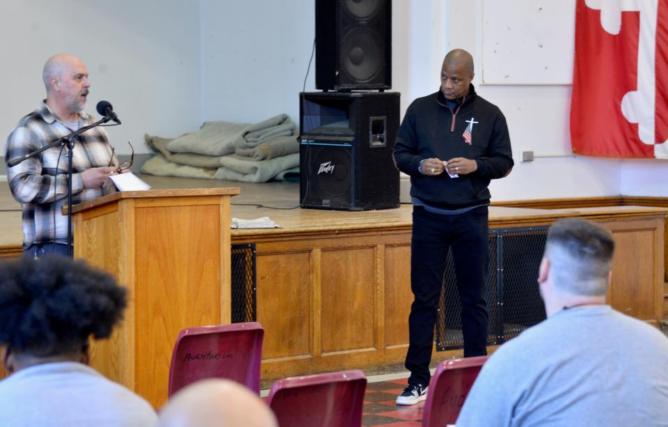 Maryland Correctional Institution-Hagerstown Chaplain Garry Felton, left, introduces Darryl Strawberry, to about 80 inmates at the medium-security prison south of Hagerstown on Wednesday morning.