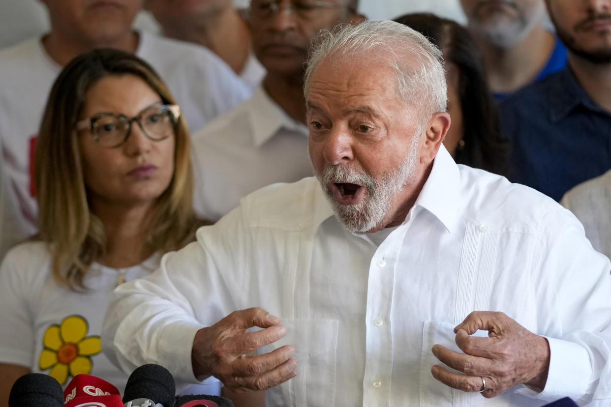Former Brazilian President Luiz Inacio Lula da Silva, who is running for president again, speaks after voting in a presidential run-off in Sao Paulo, Brazil, Sunday, Oct. 30, 2022. (AP Photo/Andre Penner)