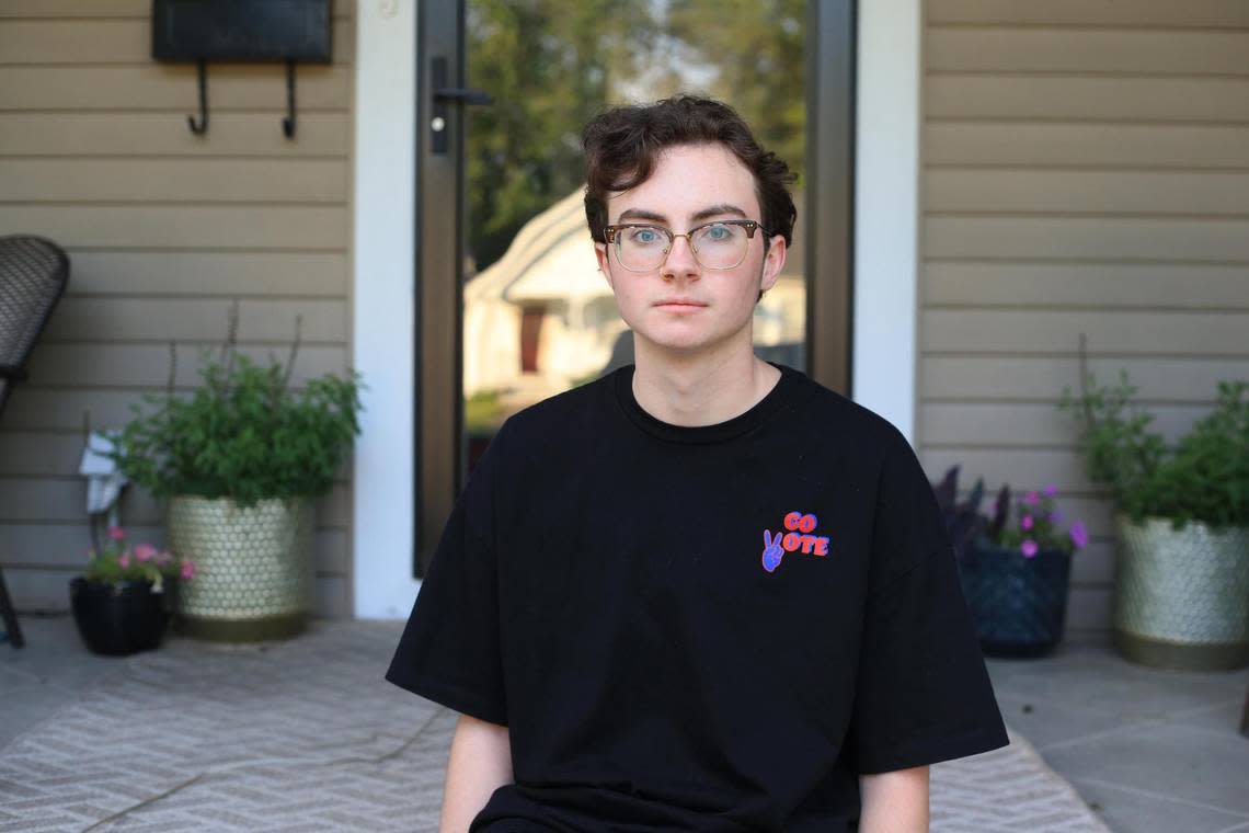 Casper Hackney, 17, on his front porch in Paducah, Kentucky. Casper, who is trans, has been taking prescription testosterone for close to a year. That access has been cut off under new anti-trans laws in Kentucky and Tennessee.