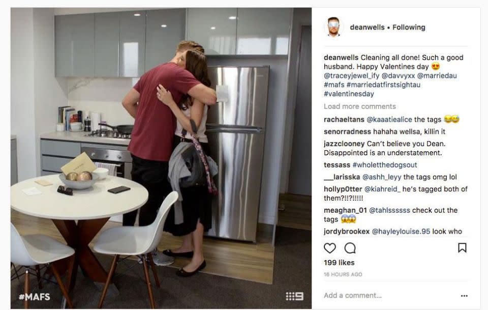 Married At First Sight love rat Dean wishes both his TV wife Tracey and mistress Davina for Valentine's Day in this social media post. Source: Instagram/deanwells