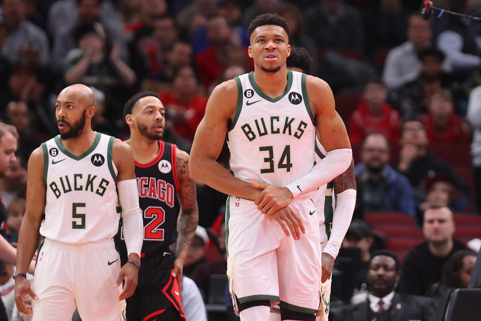 CHICAGO, ILLINOIS - FEBRUARY 16: Giannis Antetokounmpo #34 of the Milwaukee Bucks reacts after injuring his right wrist against the Chicago Bulls during the first half at United Center on February 16, 2023 in Chicago, Illinois. NOTE TO USER: User expressly acknowledges and agrees that, by downloading and or using this photograph, User is consenting to the terms and conditions of the Getty Images License Agreement.  (Photo by Michael Reaves/Getty Images)