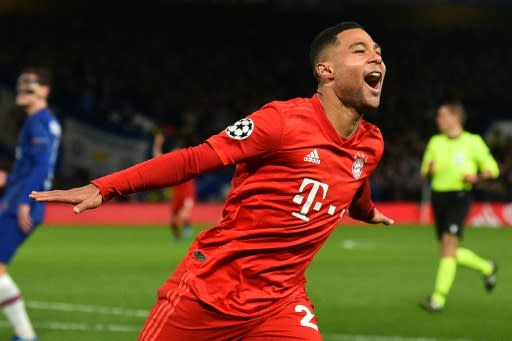 Bayern Munich's Serge Gnabry celebrates after scoring their second goal against Chelsea