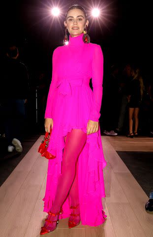 <p>Peter White/Getty Images</p> Lucy Hale attends the Giambattista Valli show in Paris on September 29, 2023