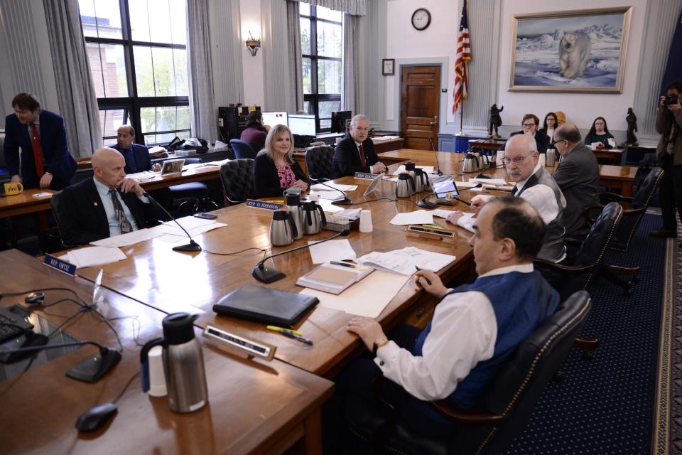  The members of the Alaska Legislature’s budget conference committee talk after approving the final document on Tuesday, May 14, 2024. (Photo by James Brooks/Alaska Beacon)