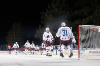 <p>Cale Makar #8 of the Colorado Avalanche congratulates goaltender Philipp Grubauer #31 after defeating the Vegas Golden Knights in the 'NHL Outdoors At Lake Tahoe' at the Edgewood Tahoe Resort on February 20, 2021 in Stateline, Nevada. The Avalanche defeated the Golden Knights 3-2. (Photo by Christian Petersen/Getty Images)</p> 