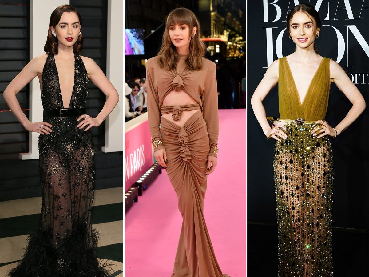 Three photos of Lily Collins in daring outfits.