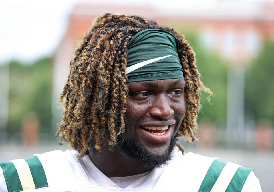 Charlotte 49ers linebacker Demetrius Knight II speaks to the media following the team’s first fall practice on August 4.