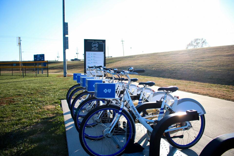 KANcycle bikes located at Bill Burke Sports Complex in Salina. These and other bikes that are part of the bike share program will be available to ride for free during Nov. 5 to 12, Mobility Week in Kansas.