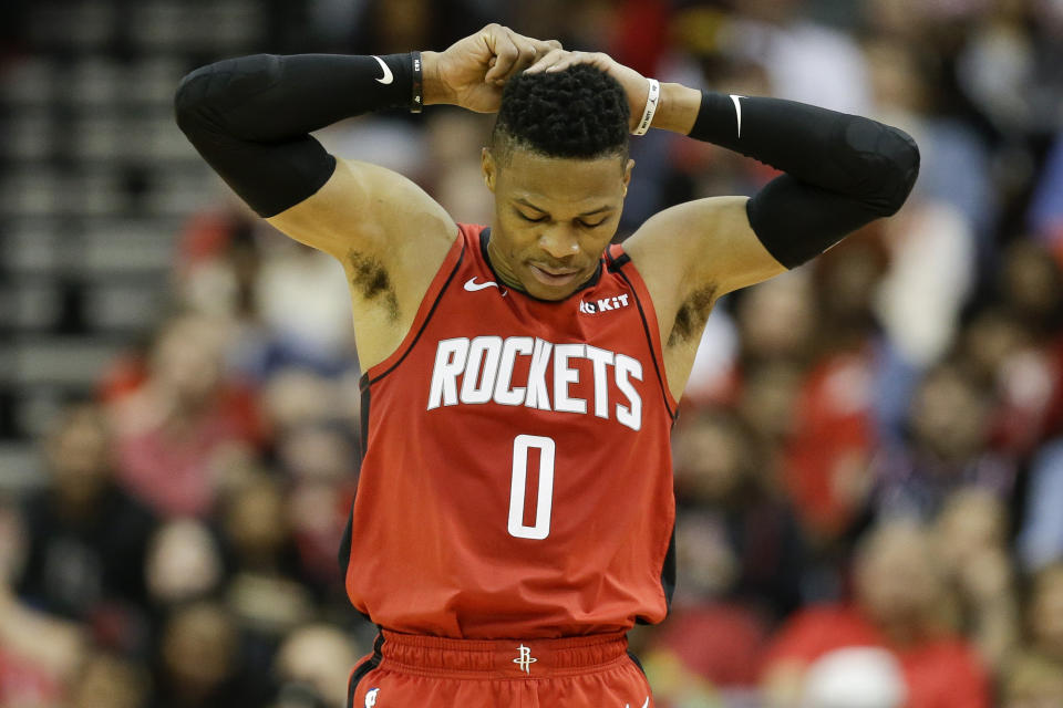 Houston Rockets guard Russell Westbrook reacts after turning the ball over during the first half of an NBA basketball game against the New Orleans Pelicans, Sunday, Feb. 2, 2020, in Houston. (AP Photo/Eric Christian Smith)