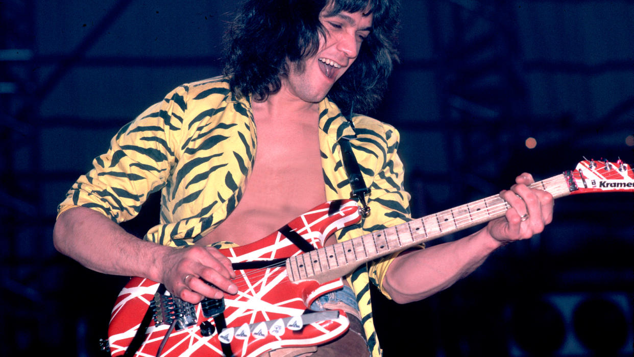  Dutch-born American Rock musician Eddie Van Halen (1955 - 2020), of the group Van Halen, performs onstage at the Jacksonville Coliseum, Jacksonville, Florida, January 18, 1984.  