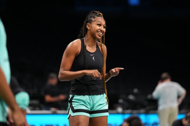 DiDi Richards #2 of the New York Liberty smiles before the game against the Los Angeles Sparks at the Barclays Center in Brooklyn, New York.<p>Evan Yu/NBAE/Getty Images</p>