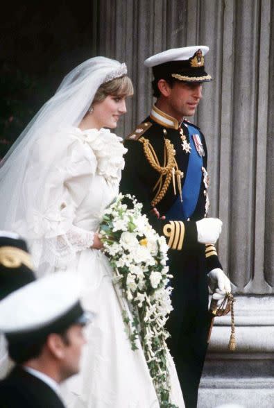 Prince Charles and his bride, Diana, Princess of Wales, on the way out of St. Paul's Cathedral at the end of their wedding ceremony on July 29, 1981 in London. (AP Photo) 