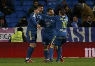 Football Soccer - Real Madrid v Celta Vigo - Spanish King's Cup - Santiago Bernabeu stadium, Madrid, Spain - 18/01/17 Celta Vigo's Pablo Hernandez (L), Jonny Castro and Iago Aspas (R) celebrate their team's second goal. REUTERS/Juan Medina