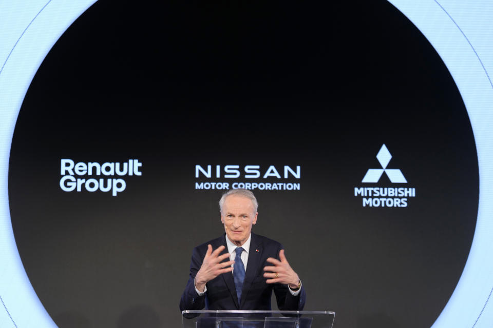 Jean-Dominique Senard, Chairman of the Board of Directors at Renault Group speaks during a news conference in London, Monday, Feb. 6, 2023. The boards of Renault and Nissan gave their approval Monday to equalize the stake each automaker holds in the other, bringing a better balance in the French-Japanese alliance. (AP Photo/Kirsty Wigglesworth)