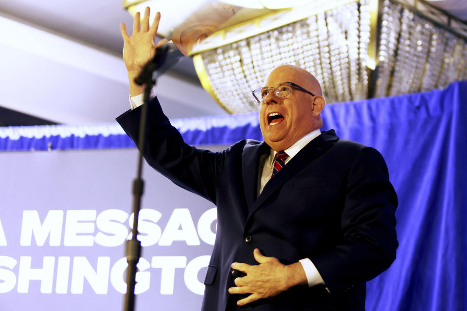 Former Maryland Gov. Larry Hogan waves during a primary night election party Tuesday, May 14, 2024, in Annapolis, Md., after he won the GOP nomination for the U.S. Senate seat opened by Democratic Sen. Ben Cardin's retirement. (AP Photo/Daniel Kucin Jr.)