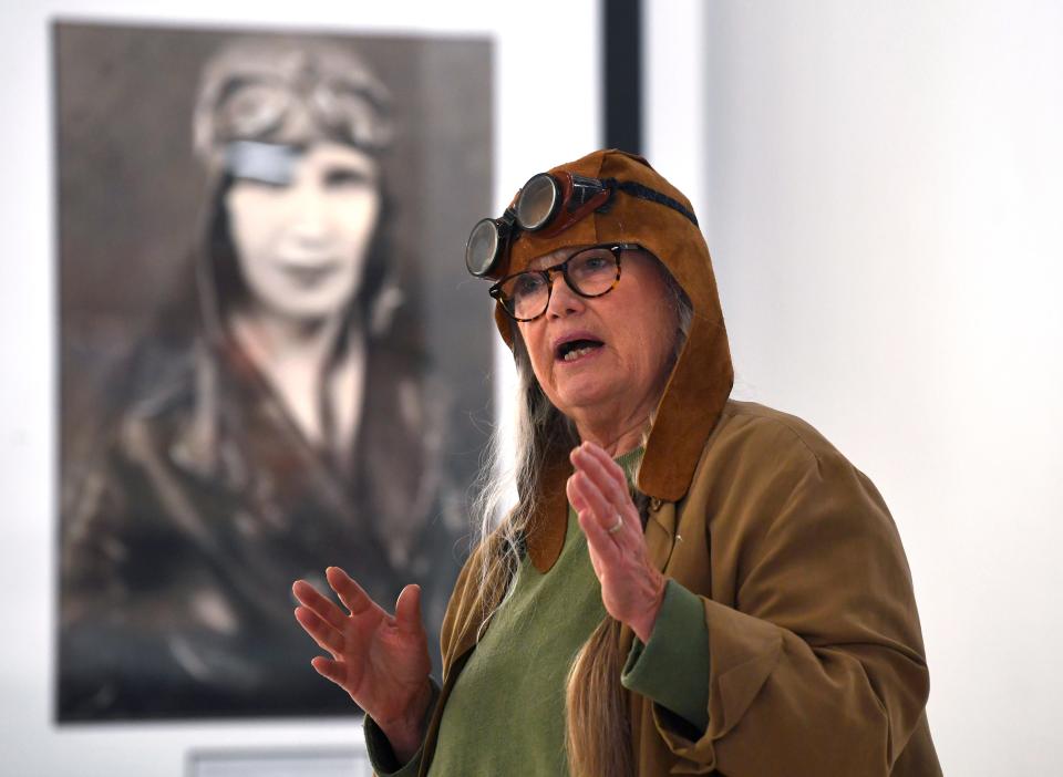 Burgess “Bird” Thomas dedicates the exhibit of Abilene aviatrix Vera Dawn Walker at Abilene Regional Airport March 15.