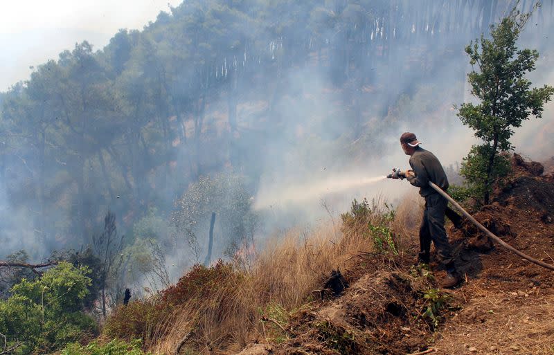 A firefighter attempts to extinguish a wildfire, in the northern countryside of Latakia