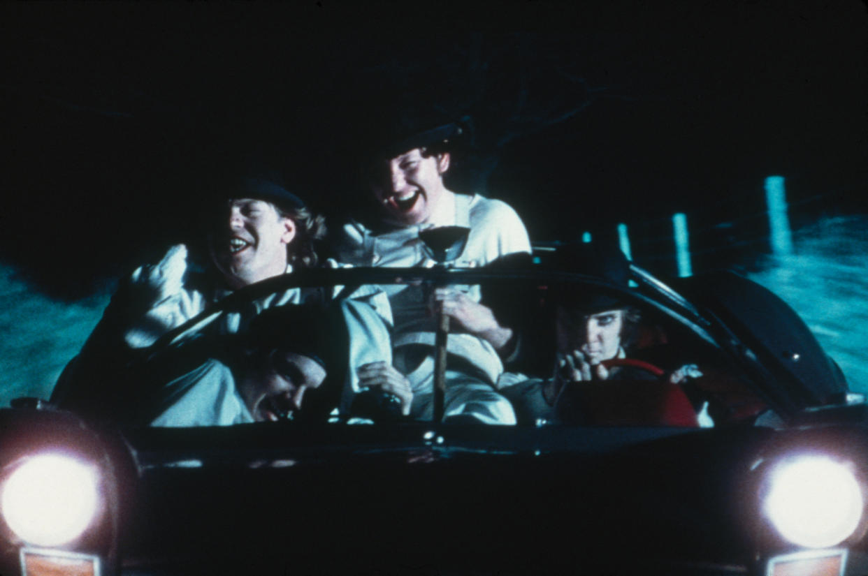 British actor Malcolm McDowell goes joyriding with his droogs in a scene from 'A Clockwork Orange', 1971. (Photo by Warner Bros./Fotos International/Getty Images)