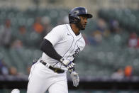 Detroit Tigers' Niko Goodrum rounds first base after hitting a solo home run against the Pittsburgh Pirates in the third inning during the second game of a doubleheader baseball game in Detroit, Wednesday, April 21, 2021. (AP Photo/Paul Sancya)