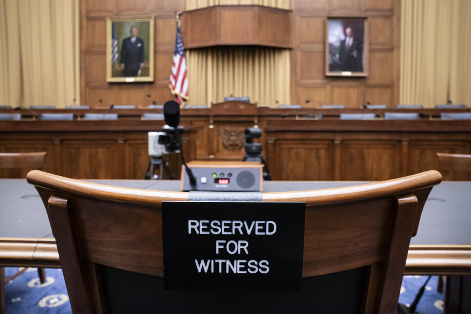 The witness chair for former White House Counsel Don McGahn is seen empty on Capitol Hill in Washington, D.C., Tuesday. (AP Photo/J. Scott Applewhite)