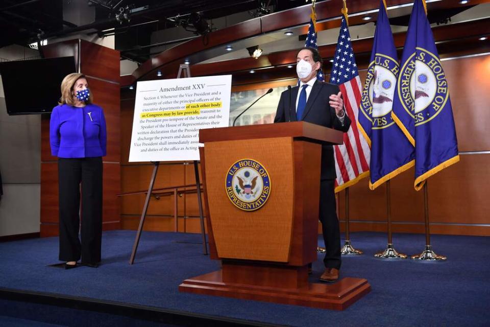 US Speaker of the House, Nancy Pelosi (L), Democrat of California, and Representative Jamie Raskin, Democrat of Maryland, speak to the press on Capitol Hill in Washington, DC, on October 9, 2020. Pelosi and Raskin introduced legislation that will create the Commission on Presidential Capacity to Discharge the Powers and Duties of Office, the body and process called for in the 25th Amendment to the US Constitution to enable Congress to help ensure effective and uninterrupted leadership in the office of the president.