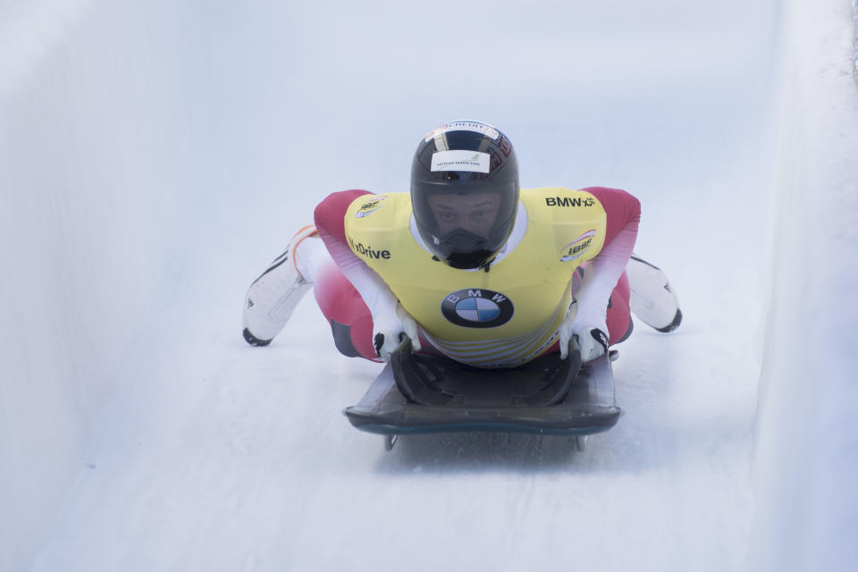 Martins Dukurs from Latvia starts his race during the men's skeleton World Cup in St. Moritz, Switzerland, on Friday, Jan. 20, 2017. (Urs Flueeler/Keystone via AP)