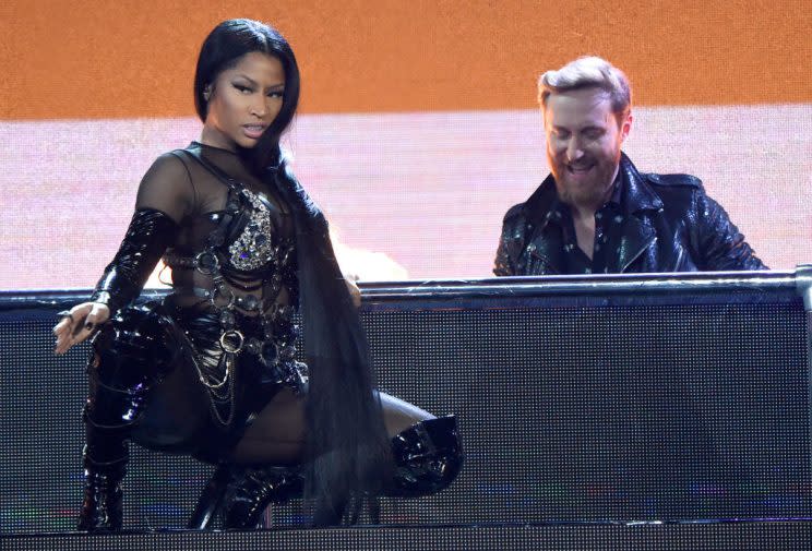 LAS VEGAS, NV – MAY 21: DJ David Guetta (top) and rapper Nicki Minaj perform onstage during the 2017 Billboard Music Awards at T-Mobile Arena on May 21, 2017 in Las Vegas, Nevada. (Photo by Kevin Mazur/BBMA2017/Getty Images for dcp)