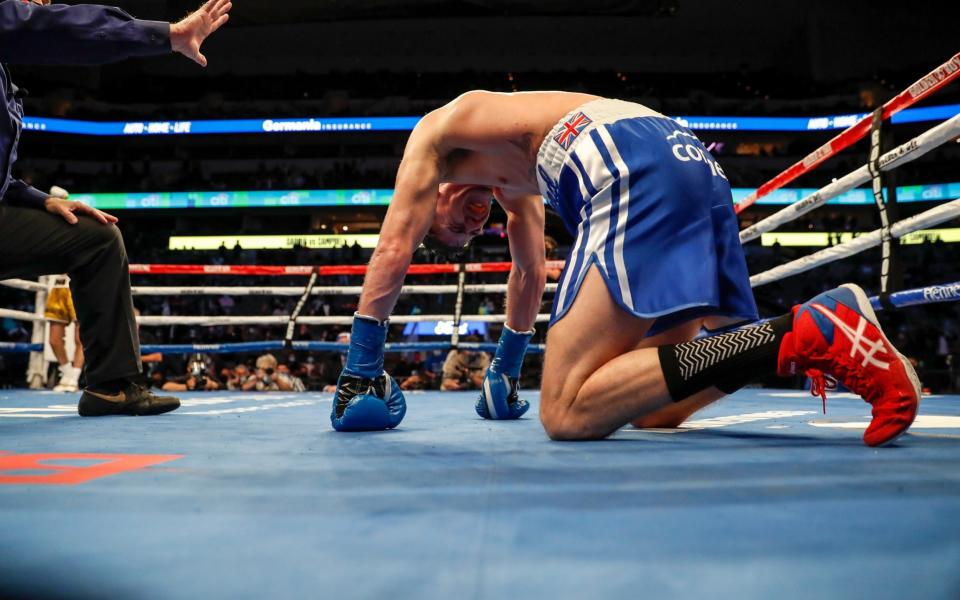 Luke Campbell kneels on the canvas after a body shot by Ryan Garcia during the WBC Interim Lightweight Title fight at American Airlines Center on January 02, 2021 in Dallas, Texas - Getty Images North America /Tim Warner 