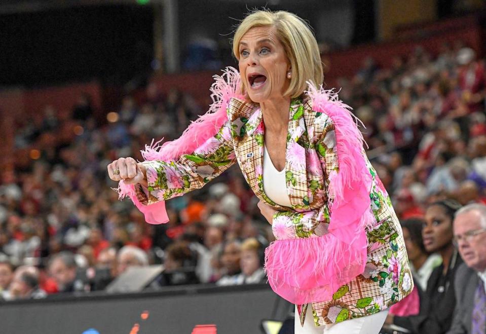 Louisiana State University Coach Kim Mulkey watches her team play Utah during the first quarter of the Sweet 16 round of the NCAA Women’s Tournament at Bon Secours Wellness Arena in Greenville, S.C. Friday, March 24, 2023. Sweet 16 Round Of The Ncaa Women S Tournament Lsu Vs Utah
