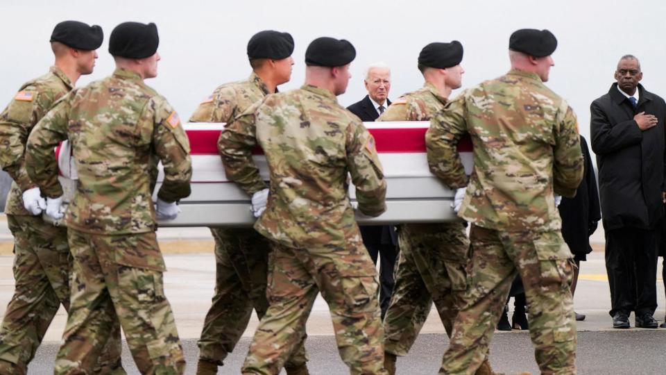 PHOTO: President Joe Biden and Secretary of Defense Lloyd J. Austin III attend the dignified transfer of the remains of Army Reserve Sergeants William Rivers, Kennedy Sanders and Breonna Moffett, at Dover Air Force Base in Dover, Del., on Feb. 2, 2024. (Joshua Roberts/Reuters)