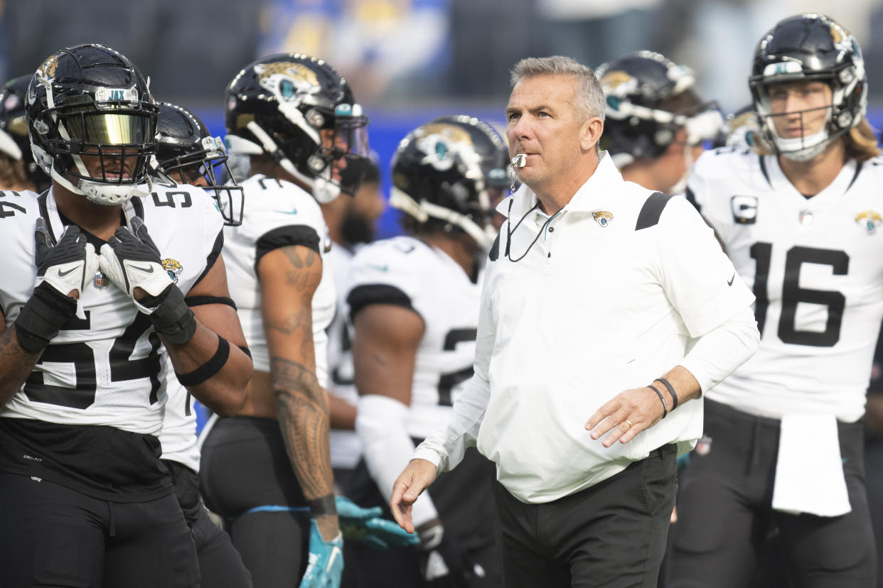 Jacksonville Jaguars head coach Urban Meyer looks on before an NFL football game against the Los Angeles Rams Sunday, Dec. 5, 2021, in Inglewood, Calif. (AP Photo/Kyusung Gong)