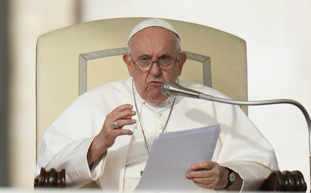 Pope Francis speaks during his weekly general audience in St. Peter's Square at the Vatican on Oct. 18, 2023. <a href="https://newsroom.ap.org/detail/VaticanLGBTQ/8556ca299dda4df394f5e8864e86a1c1/photo?Query=pope%20francis%20same%20sex&mediaType=photo&sortBy=&dateRange=Anytime&totalCount=46&currentItemNo=1" rel="nofollow noopener" target="_blank" data-ylk="slk:AP Photo/Alessandra Tarantino;elm:context_link;itc:0;sec:content-canvas" class="link ">AP Photo/Alessandra Tarantino</a>