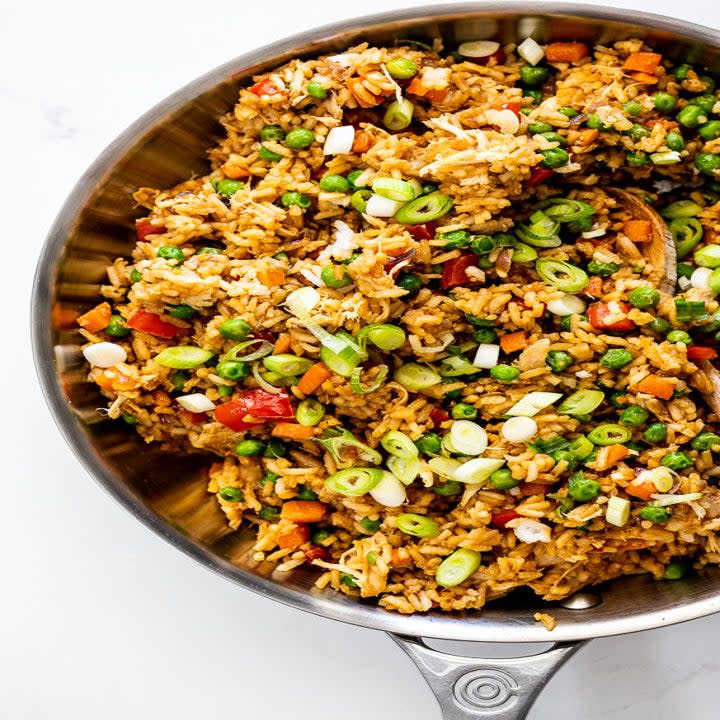 Close-up of Rotisserie Chicken Fried Rice in a pan