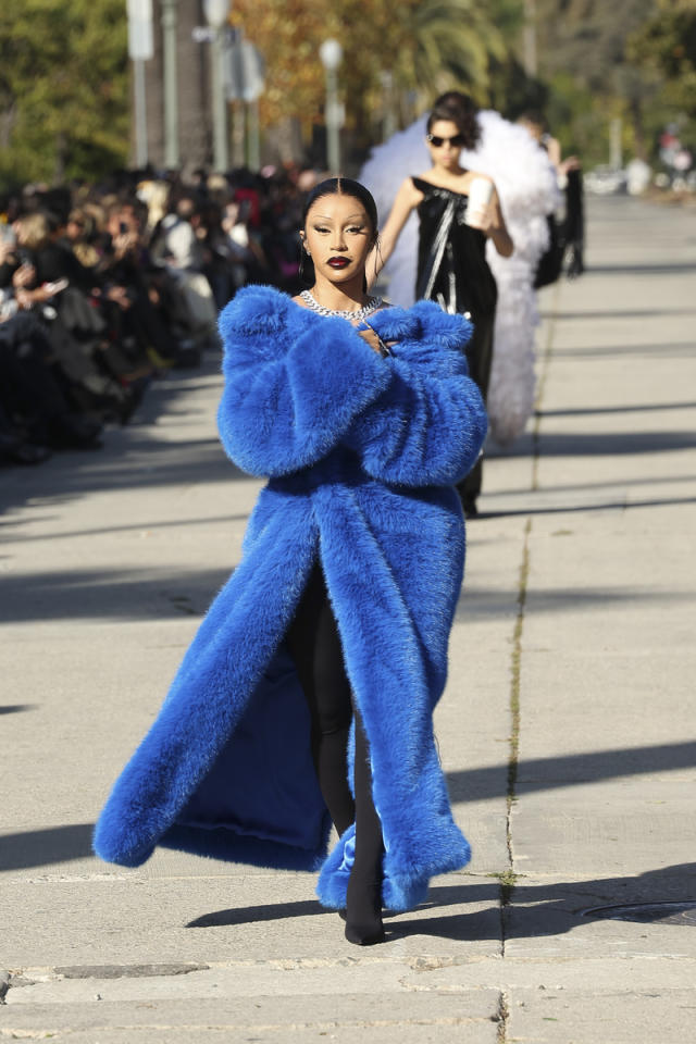 Cardi B Walks the Runway in Dramatic Blue Faux Fur Coat at the