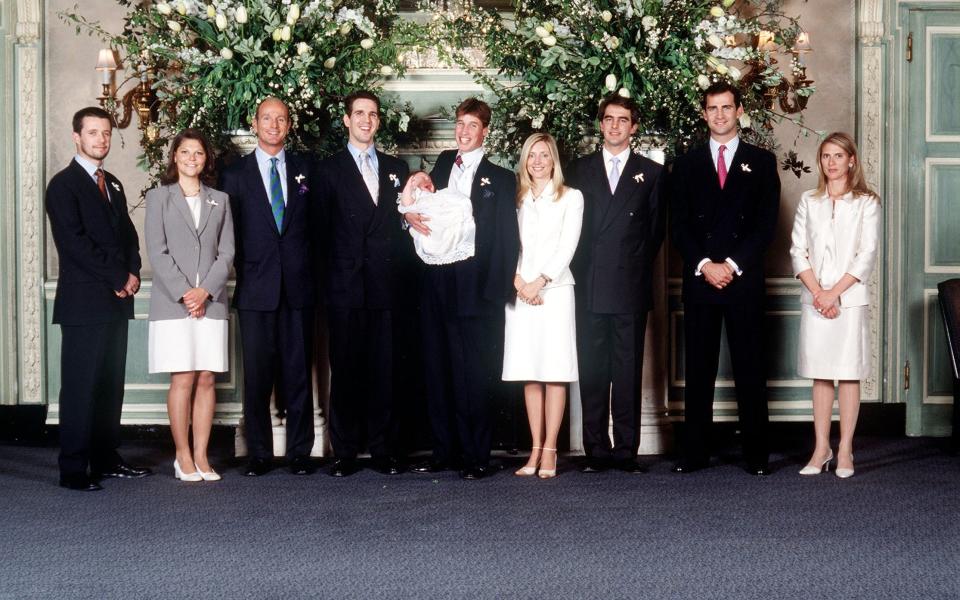 Prince Nikolaos has strong links with the British Royal family, including Prince William, seen here at a Greek royal christening in 1999