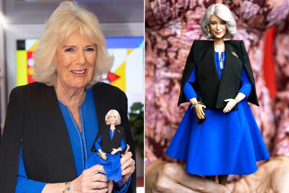 <p>Paul Grover - WPA Pool/Getty Images (2)</p> Queen Camilla is presented with a Barbie in her likeness at Buckingham Palace.