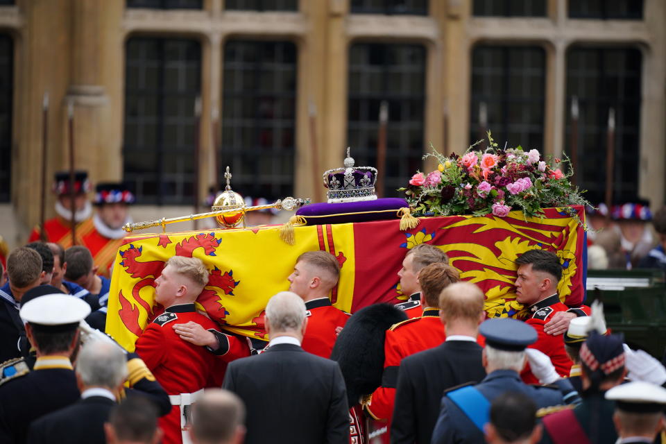 <p>The coffin of Queen Elizabeth II being carried by pallbearers at the State Funeral held at Westminster Abbey, London on Sept. 19, 2022. (Photo by Peter Byrne/PA Images via Getty Images)</p> 