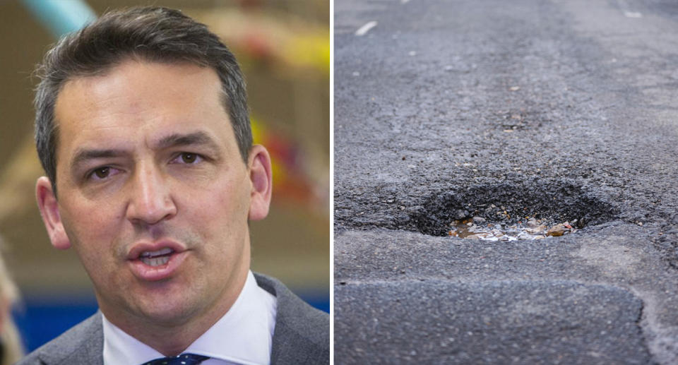 Left, MP Blair Boyer addresses the media wearing a grey suit. Right, a pothole in the road. 