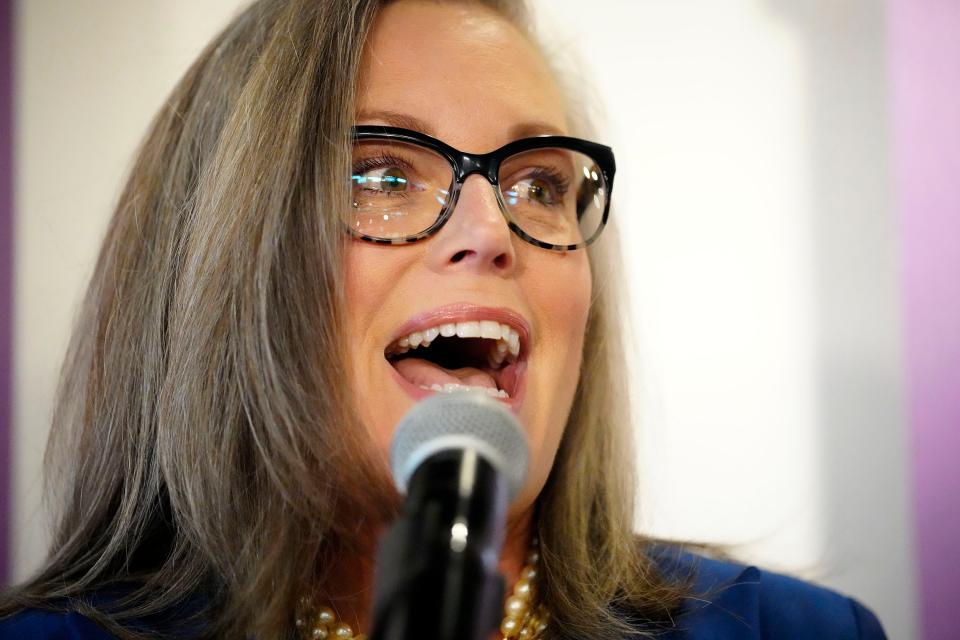 Katie Hobbs, Democratic candidate for Arizona governor greets supporters after declaring victory in her race at a news conference on Nov. 15, 2022. Hobbs defeated Republican candidate Kari Lake.