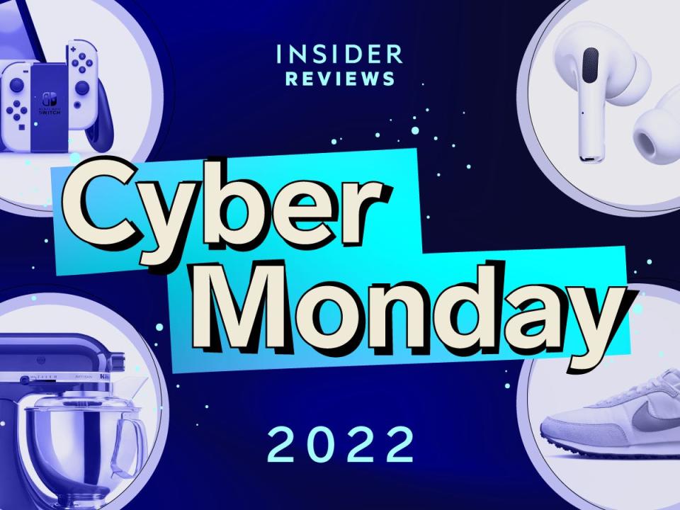 Insider Reviews Best Cyber Monday Deals 2022 collage, including a Nintendo Switch – OLED Model, Apple AirPods Pro, Nike Waffle Trainer 2 SE and a KitchenAid Mixer